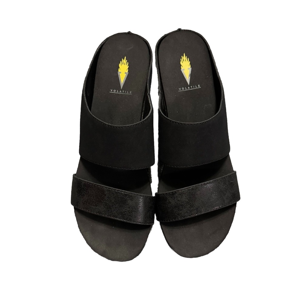Volatile Campfire Black Metallic Two Strap Low Wedge Slide Sz 9